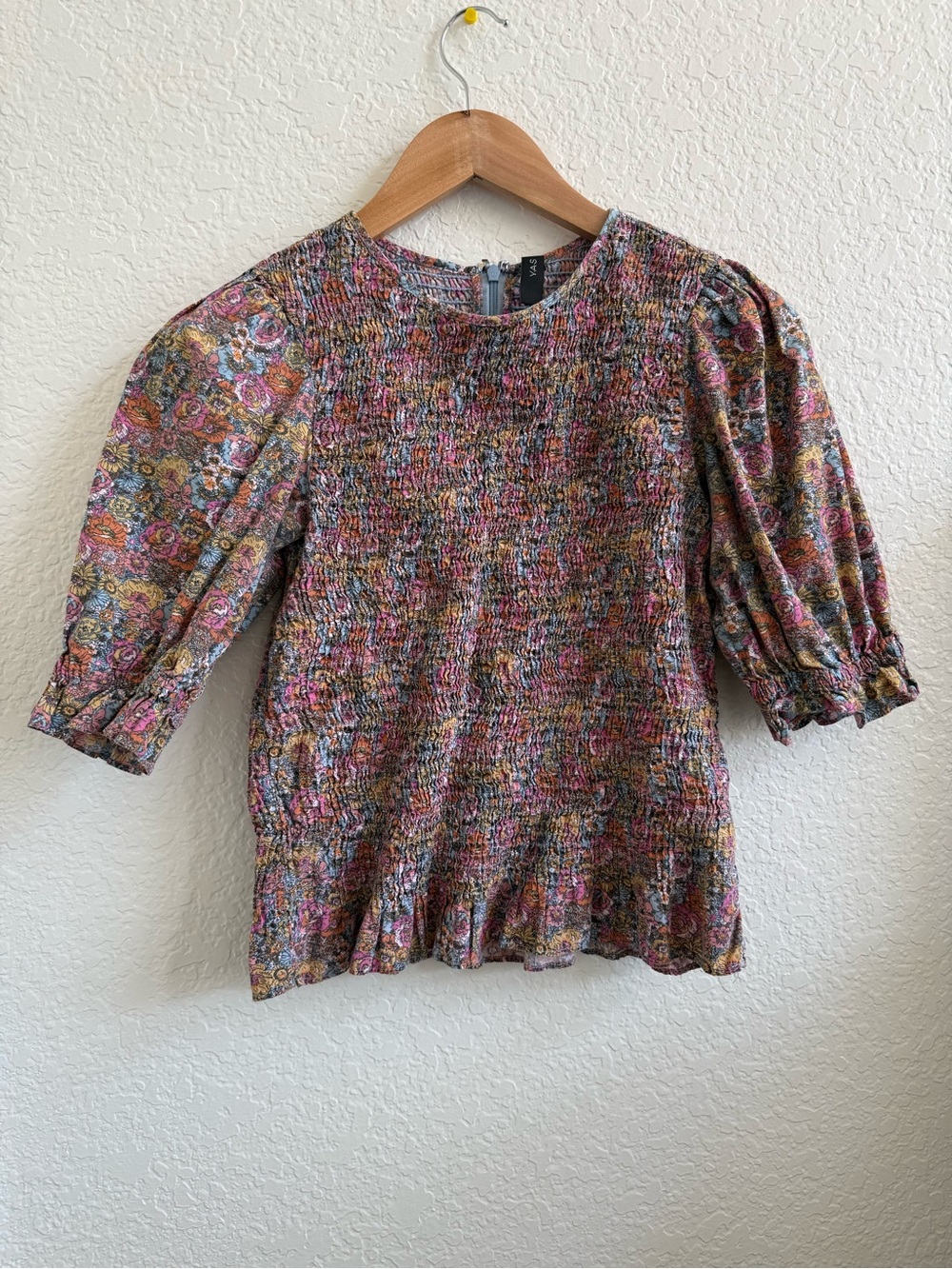 ASOS YAS Pink Multi Smocked Puff-Sleeve Blouse Small